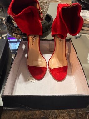 Red Ankle Ruffle Open-Toe High Heels